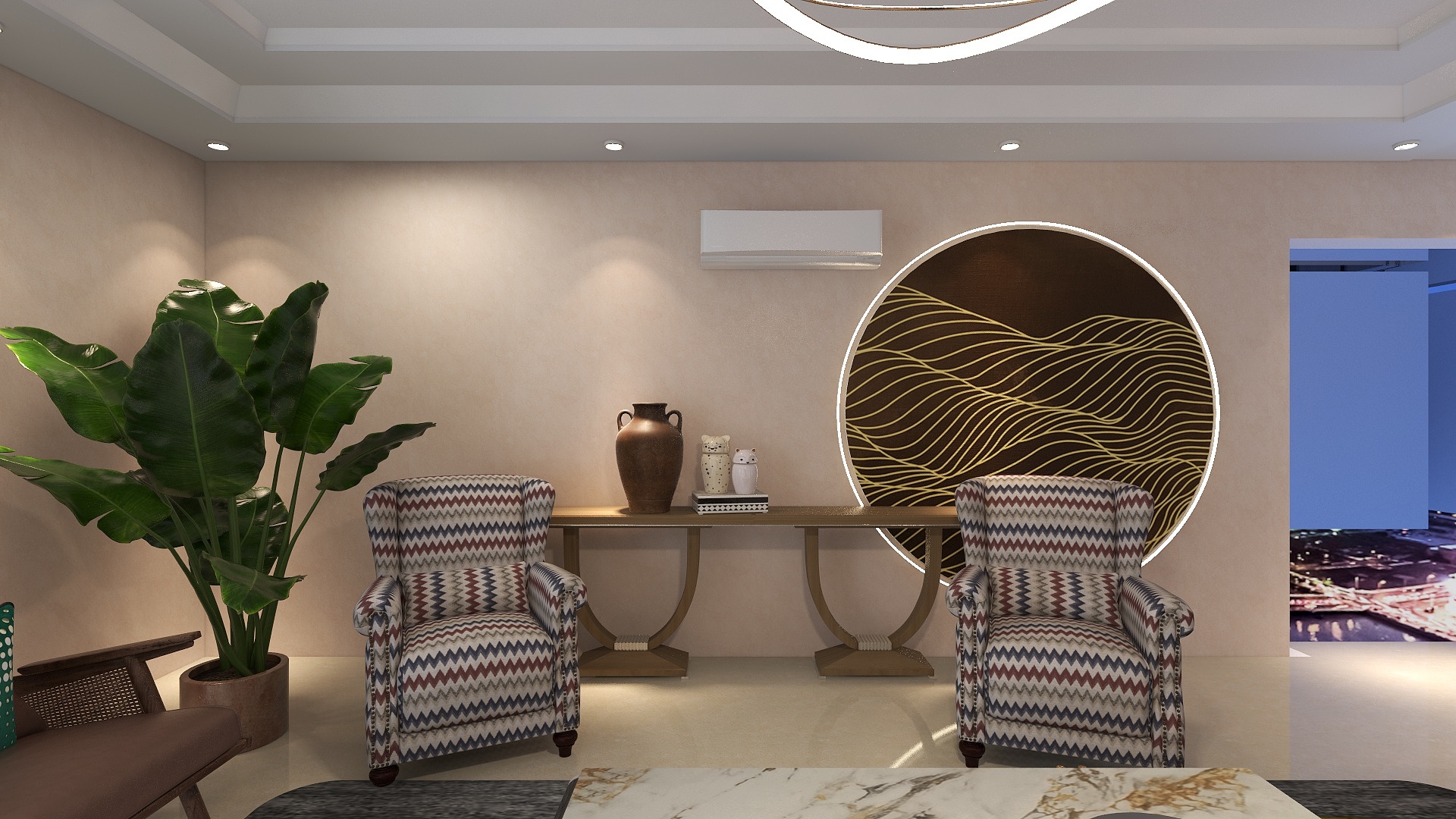 3D render of a lounge corner with two patterned armchairs, a large leafy plant, and a round wall panel of gold lines.