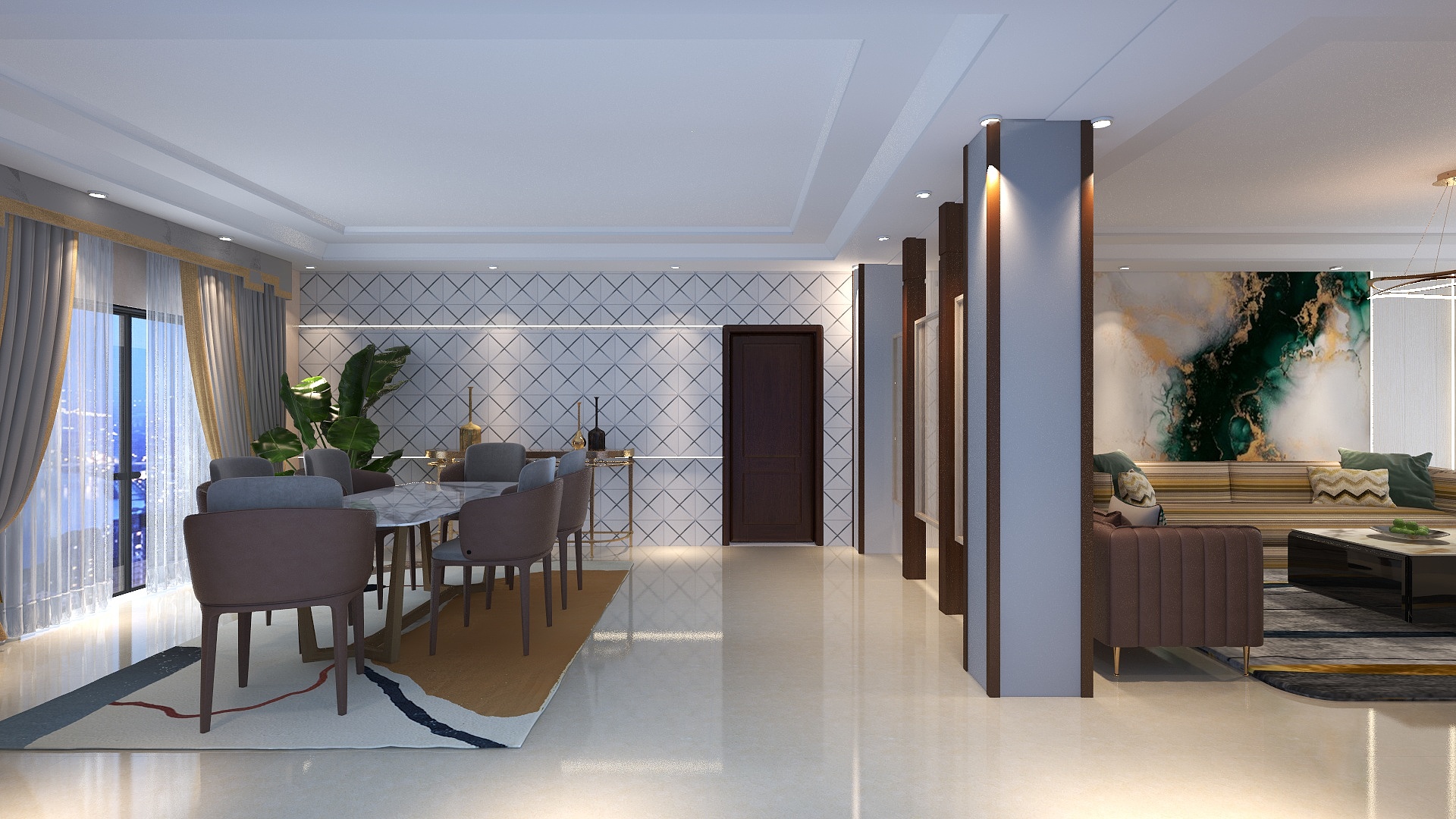 3D render showing the dining area on the left and the living room on the right, separated by a pale column edged in dark timber and a row of timber posts with screens.