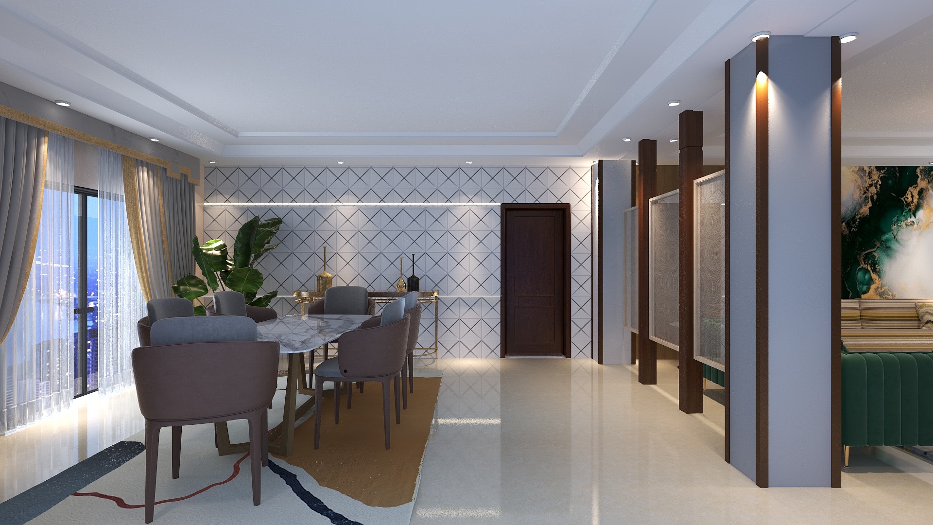 3D render of the dining area: a stone-topped table with upholstered tub chairs on a patterned rug, a wall of diamond-patterned panels, and timber-clad columns with patterned screens on the right.