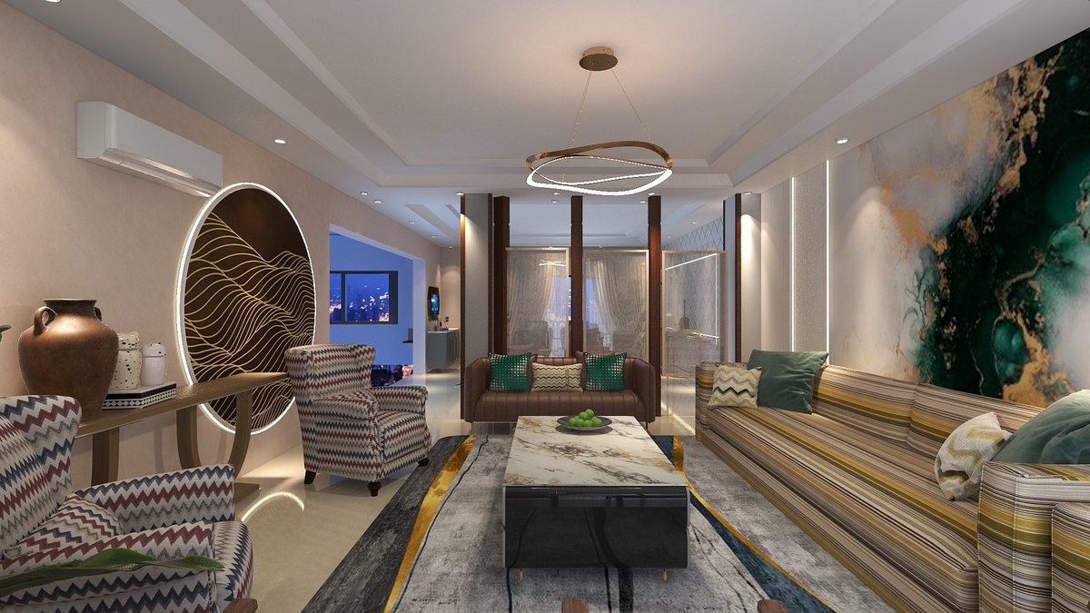 3D render looking down the living room: a round backlit panel of gold lines above a console on the left, two zigzag-patterned armchairs, a striped sofa beneath the mural on the right, and timber columns with screens at the far end.