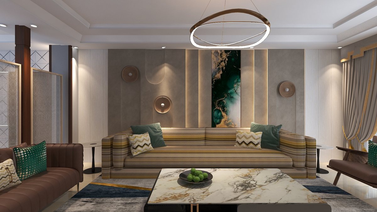 3D render of the living room as designed: grey panelled walls, a tall emerald and gold mural, a striped sofa, and a marble coffee table.