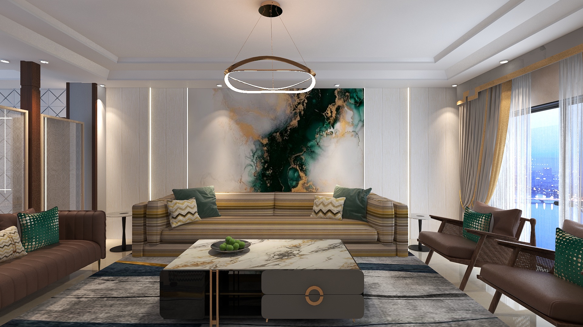 3D render of the mural wall: an emerald, white, and gold mural between off-white panels with vertical lines of light, above a striped sofa.
