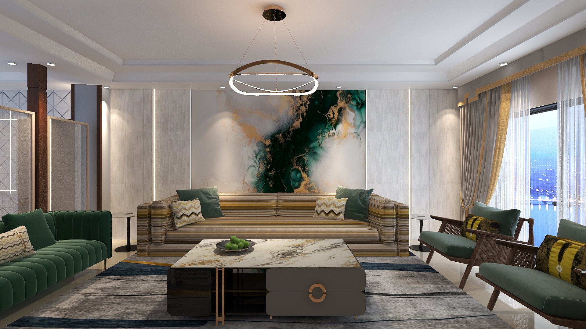 3D render of a living room with a striped sofa beneath an emerald and gold mural, a green velvet sofa, cane-backed armchairs, and a ring pendant light.