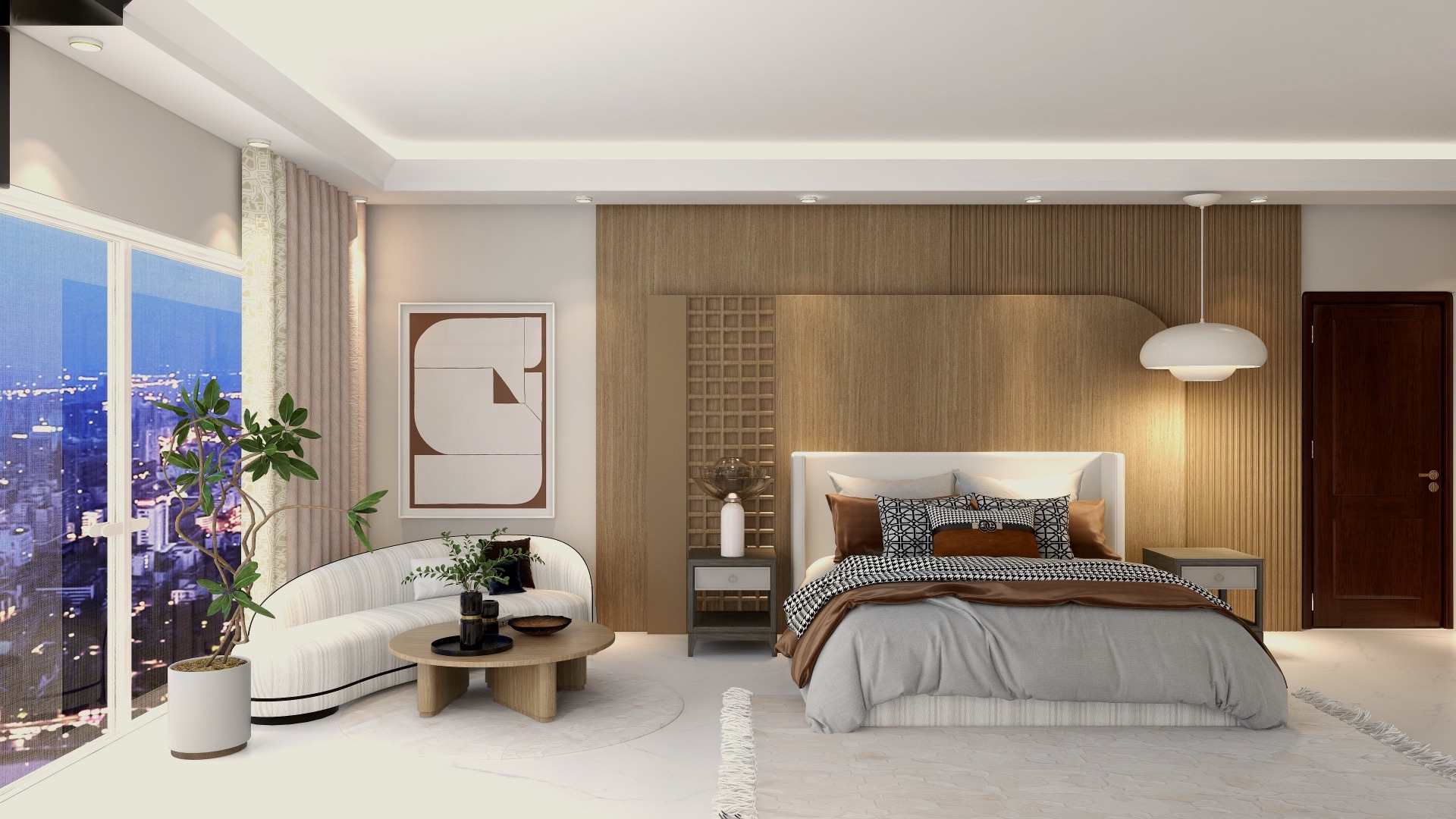 3D render of a bedroom with an oak panelled wall behind the bed, a curved cream sofa, and a tall plant by the window.